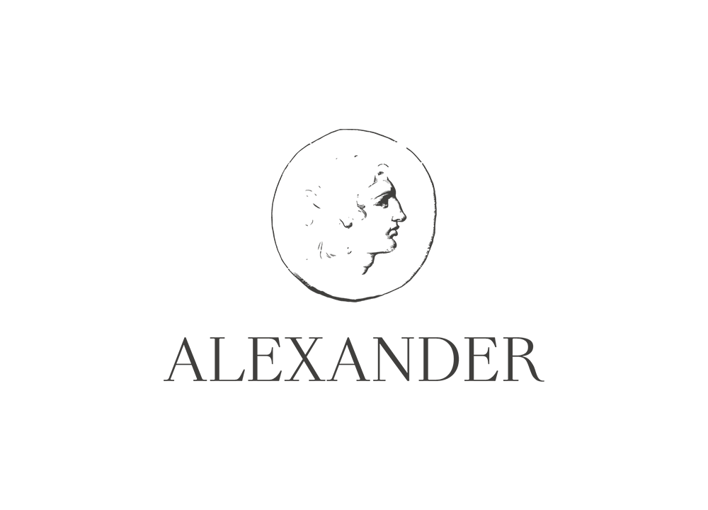 A logo featuring a side profile of Alexander the Great in a circle, with the text "ALEXANDER" underneath.