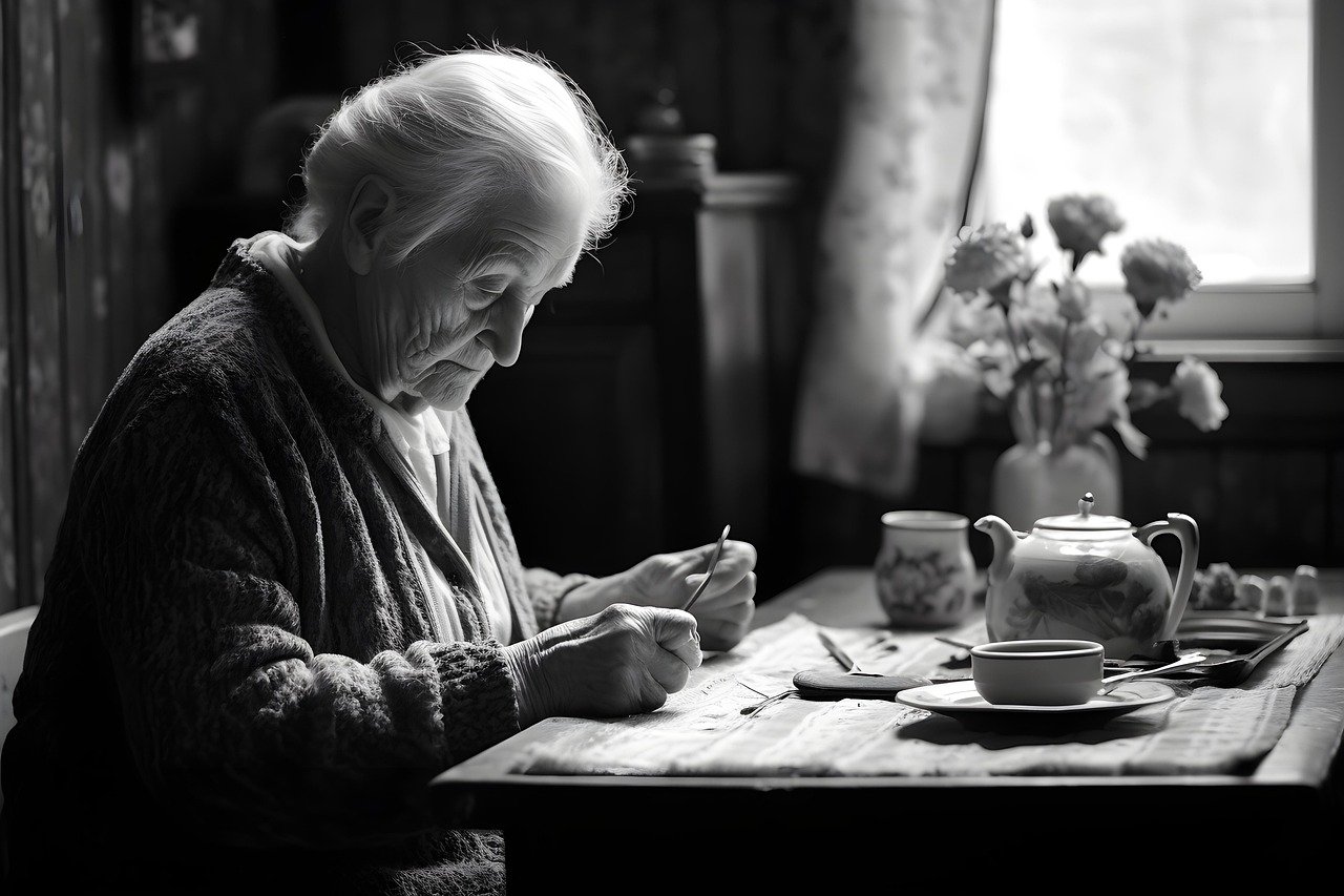 Ältere Frau schreibt an einem Tisch mit Teekanne, Tasse und Blumen im Fenster im Hintergrund in schwarz-weiß.