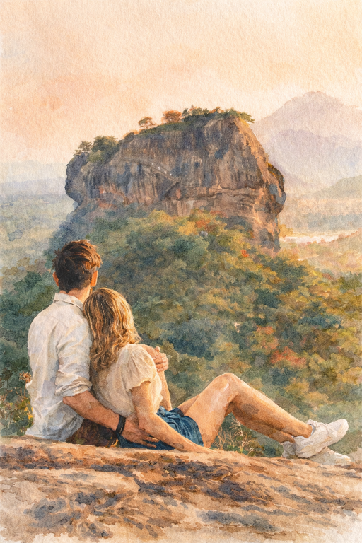 Couple seated on a rock overlooking Sigiriya, Sri Lanka, with forested landscape at sunset