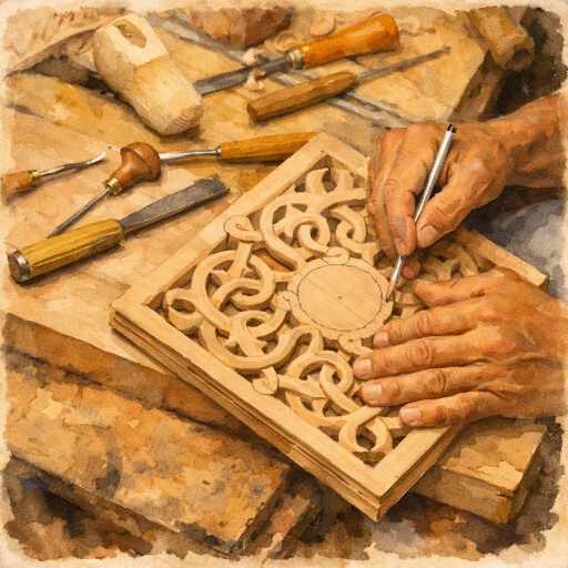 water colour painting of the hands of a master artisan creating Kandyan wood crafts