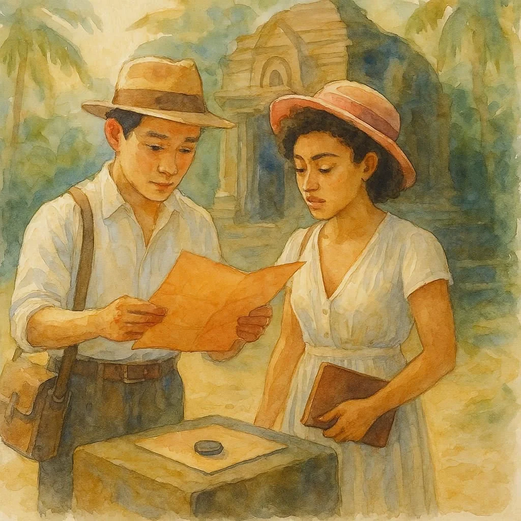 19th century water colour painting of a mixed race couple in travel gear, wearing hats, and reading a map in a ruined city in Sri Lanka or Ceylon