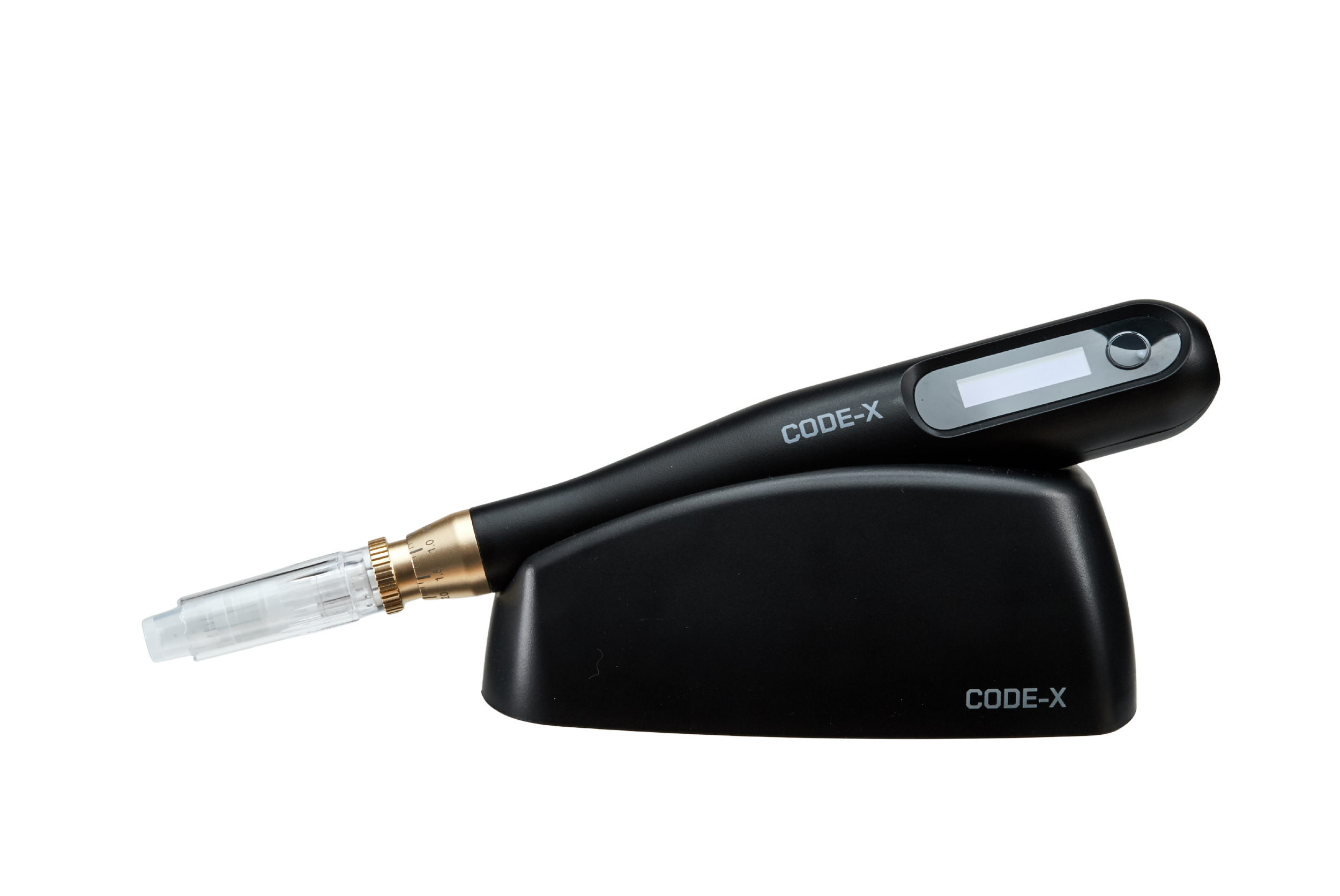 A black electronic device labeled CODE-X, possibly a dermatologist or cosmetic laser tool, resting on a matching black base against a black background.