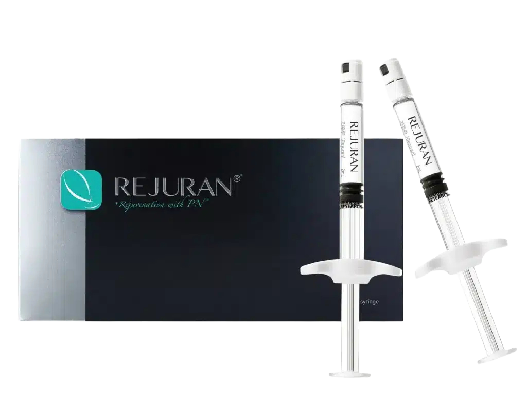 Two syringes labeled REJURAN with packaging in the background.