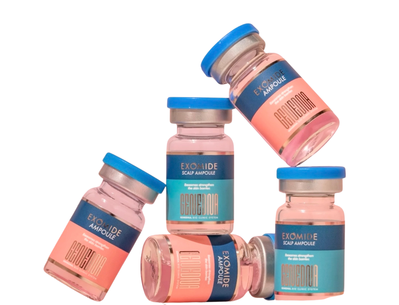 Multiple small pink glass bottles labeled 'Exomide Ampoule' with blue and pink labels, some bottles stacked or lying down against a dark background.
