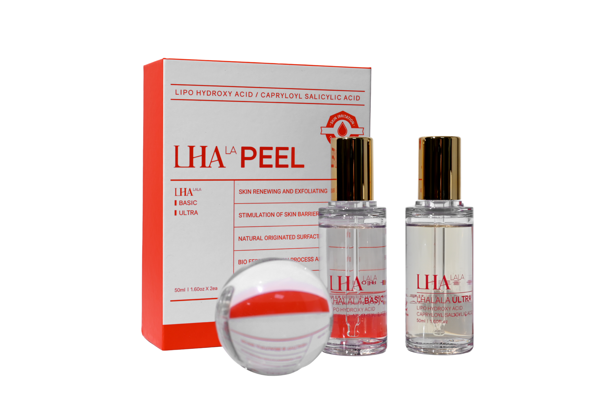 Skincare product box labeled 'LHA La Peel,' with two small bottles of toner or serum with gold caps and a white ball with a red stripe in front.