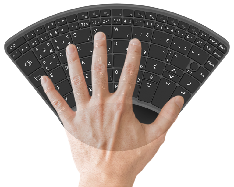 A hand holding a black ergonomic keyboard with a wave-shaped design.
