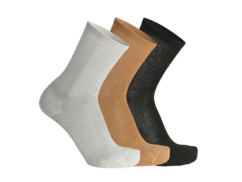 Three pairs of crew socks in white, tan, and black, arranged side by side.