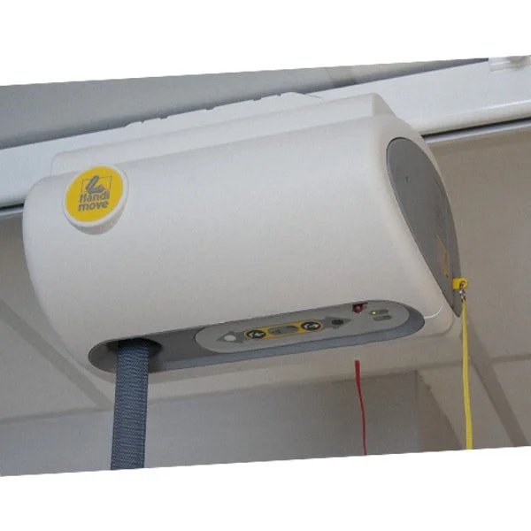 Ceiling-mounted hospital patient lift control device with yellow and gray buttons and a blue and yellow strap hanging from it.