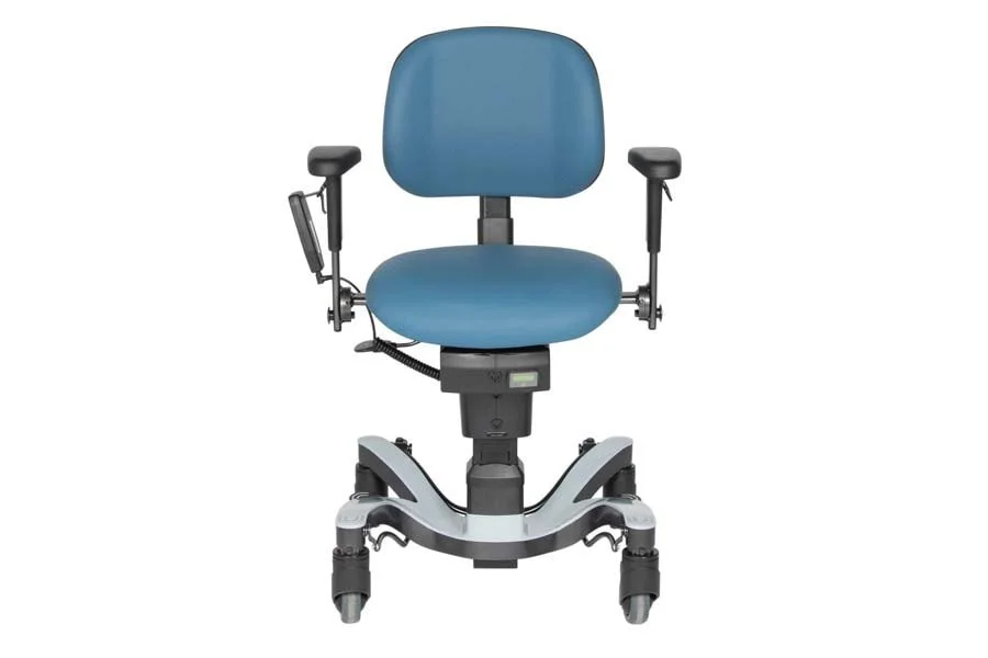 Blue ergonomic mobile office chair with adjustable armrests and caster wheels