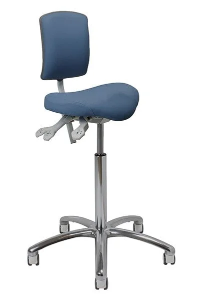 Blue adjustable office chair with a padded seat and backrest, mounted on a metal base with wheels.
