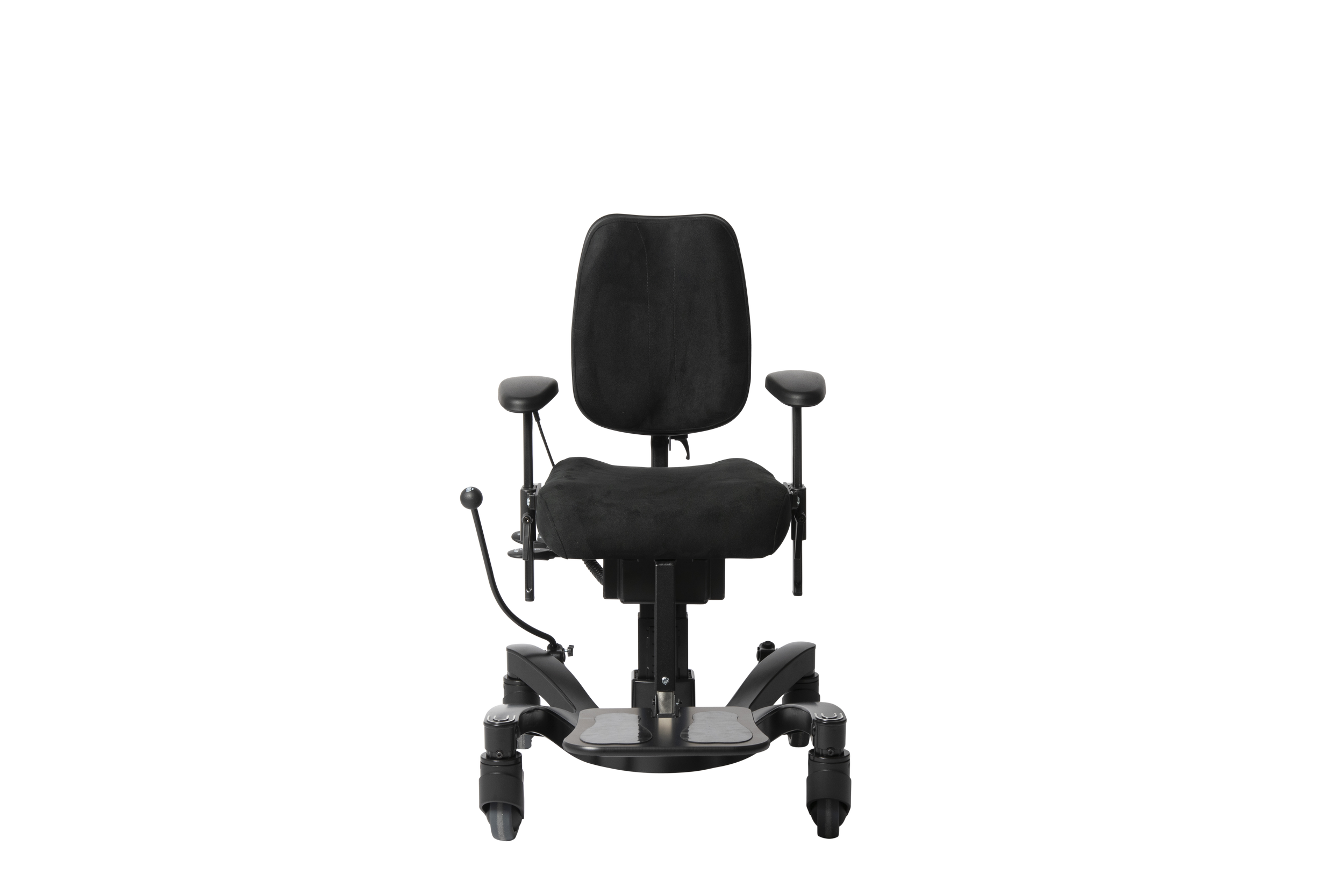 A black ergonomic office chair with adjustable armrests and a cushioned seat and backrest, positioned in front of a white table or desk.