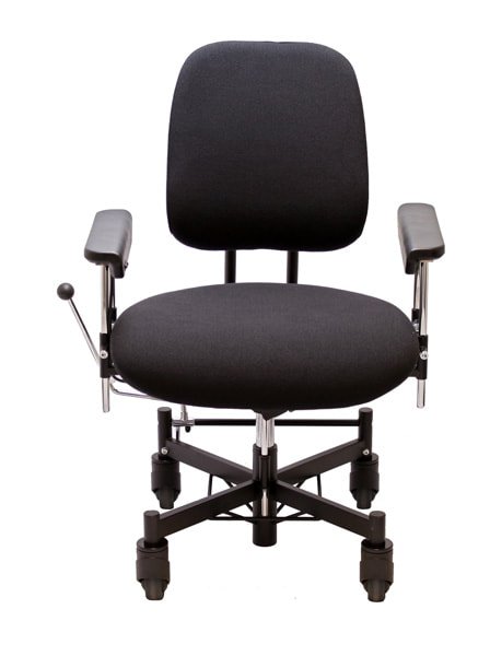 Black office chair with adjustable armrests and a swivel base.