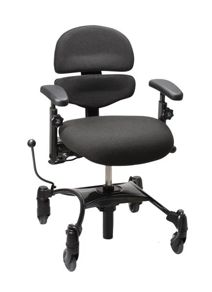 Black ergonomic office or desk chair with adjustable armrests and a headrest, on five caster wheels.