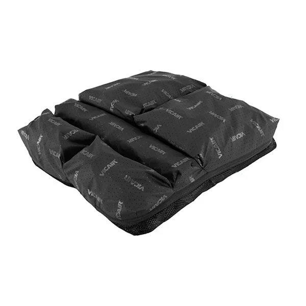 Black inflatable cushion with the brand name VCAIR printed repeatedly on it.