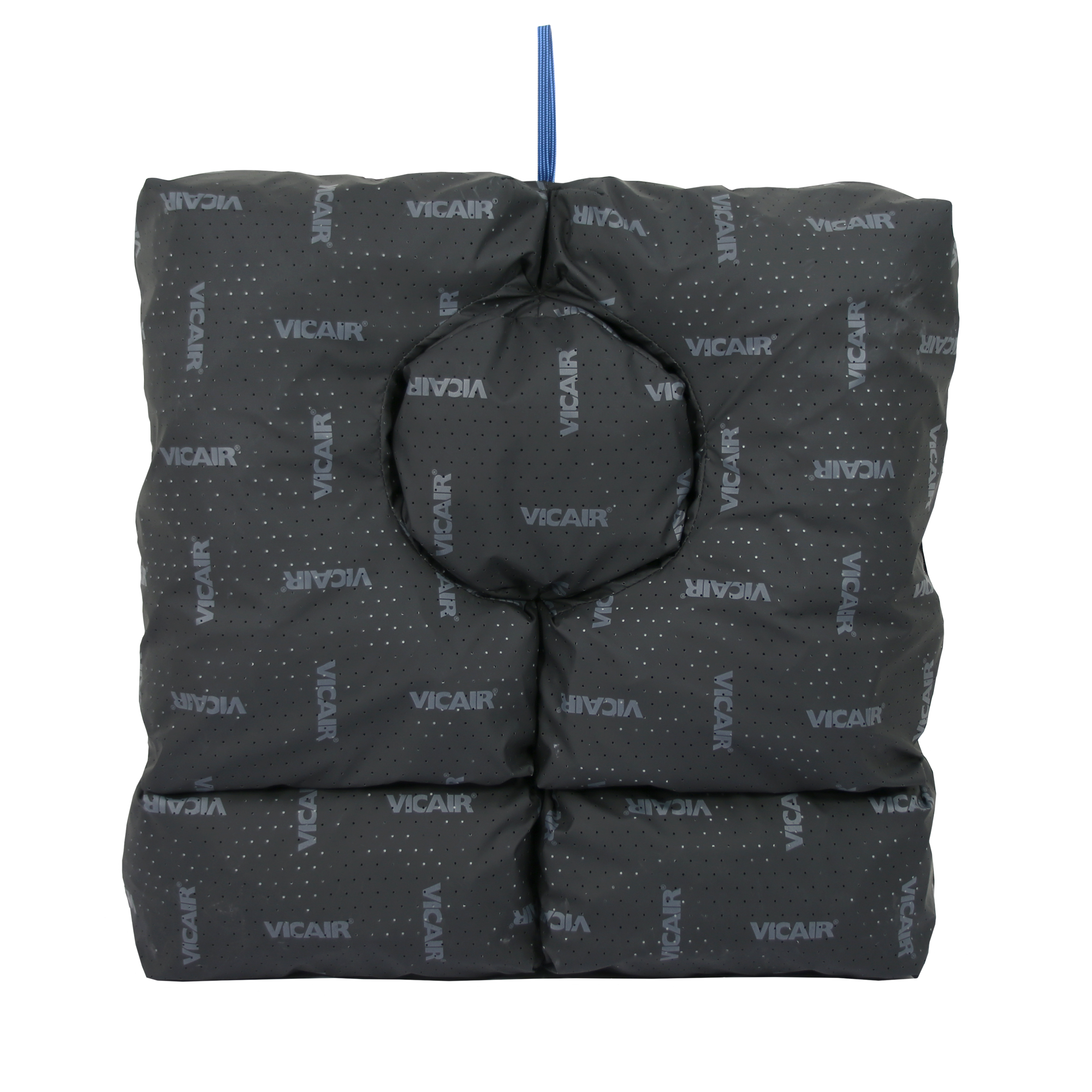 A black VICAIR brand inflatable cushion or pad with a central circle cutout, featuring small white polka dots and the VICAIR logo repeatedly printed across its surface.