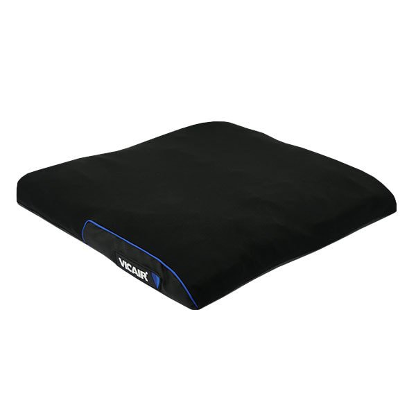 Black vacuum mattress with blue piping and a VICAIR label, used for medical or emergency purposes.
