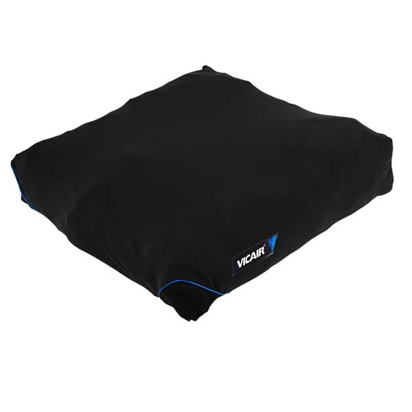 Black cushion with blue piping and a Vicair logo