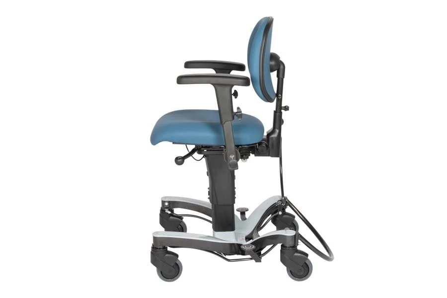 A blue and black adjustable medical or office chair with wheels and a headrest.