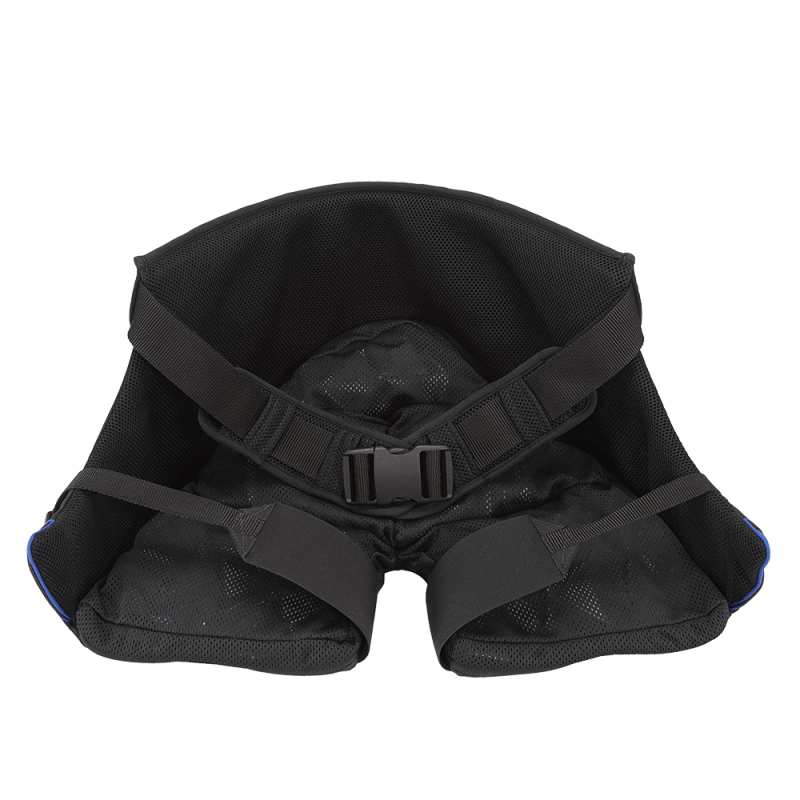 A black padded waist support belt with adjustable straps and a plastic buckle.