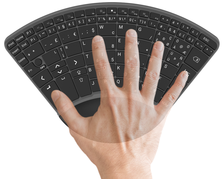 A hand holding a curved black computer keyboard with white lettering and symbols, viewed from above.