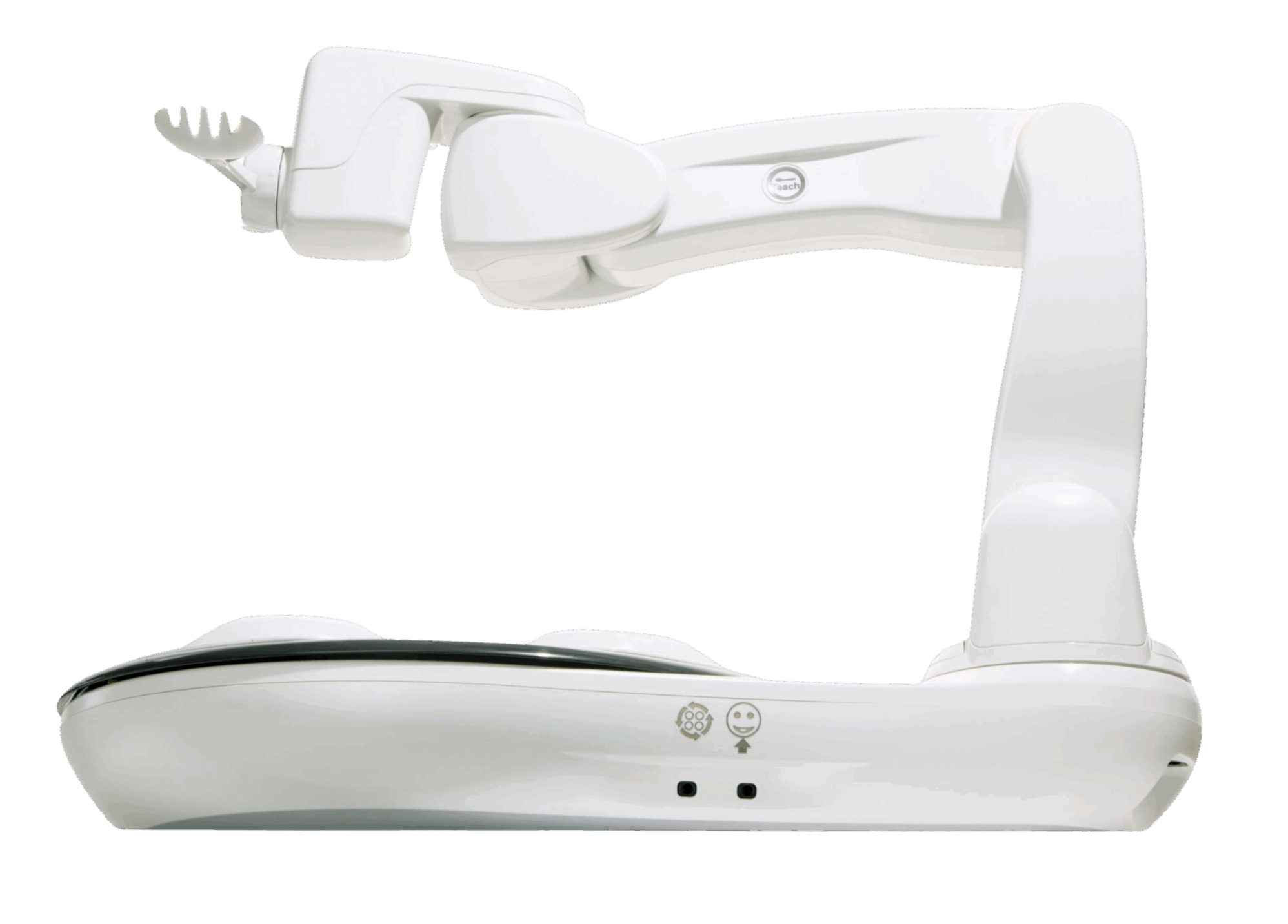 A white, modern dental X-ray machine with a digital display arm and sensors.