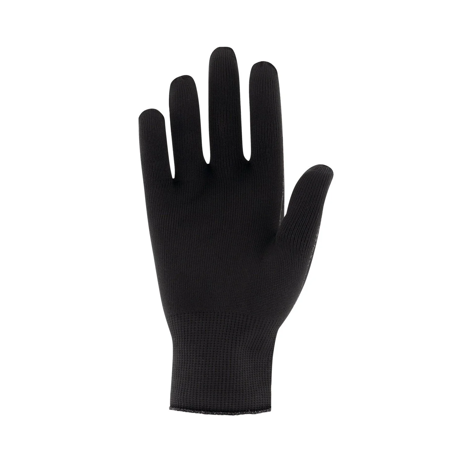 A black glove made of a stretchy, knit fabric displayed against a white background.