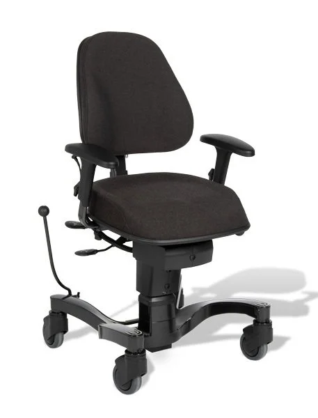Black ergonomic office chair with adjustable armrests and caster wheels.