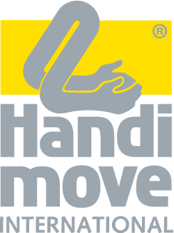 Logo of HandiMove International featuring a stylized grey hand and arm over a yellow background with gray text.