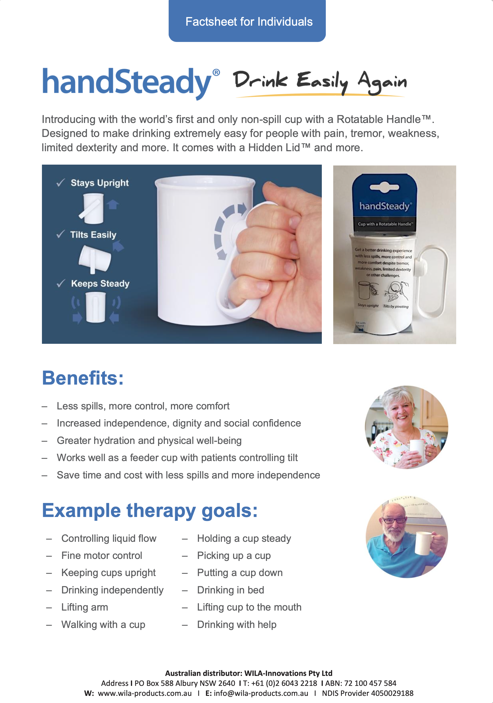 A promotional sheet for the handSteady cup, showing its features, benefits, and example therapy goals. The image includes a picture of the cup with a rotatable handle, illustrations of its upright and tilting functions, and pictures of smiling people using the cup.