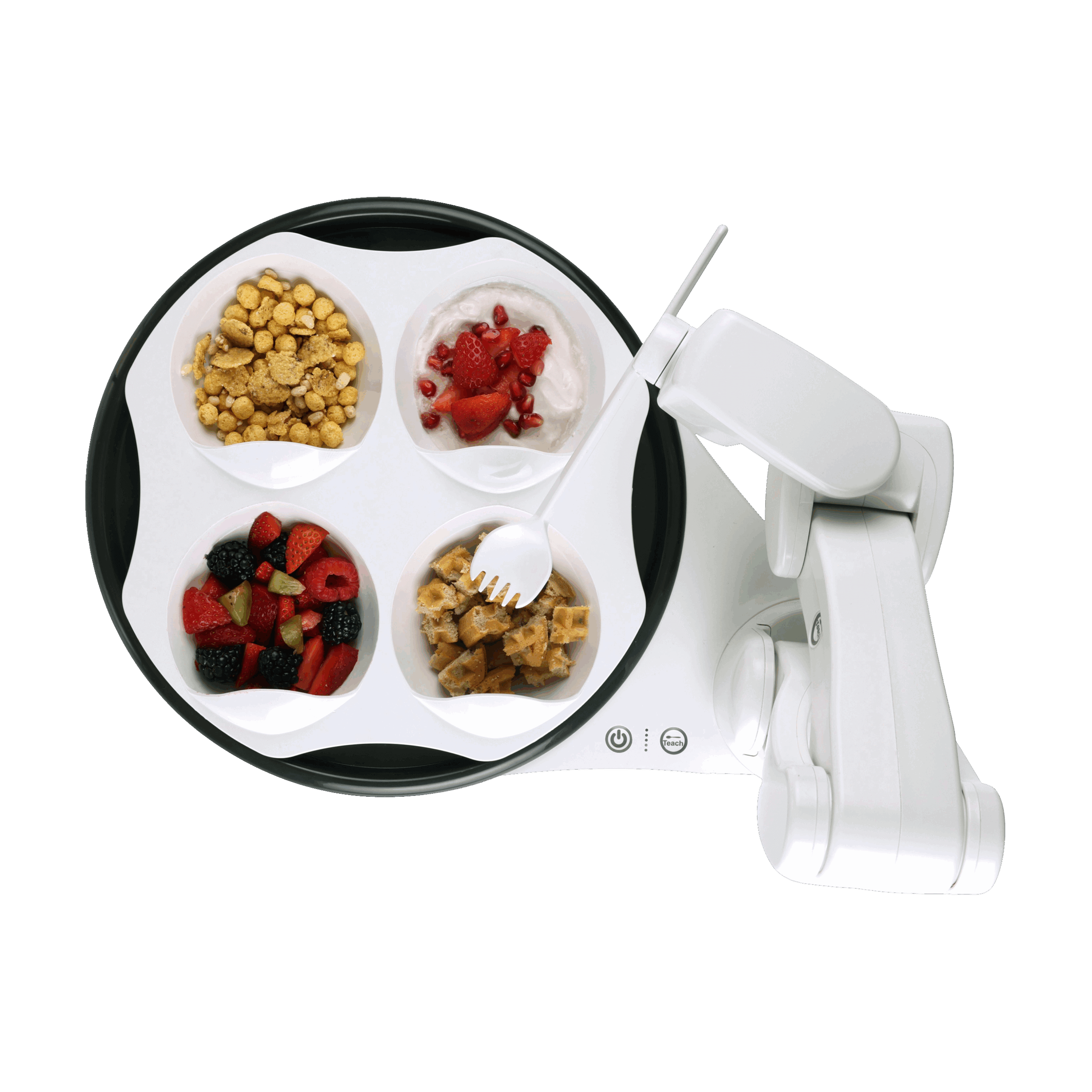 Frozen yogurt machine with four cups of toppings including cereal, strawberries, mixed berries, and caramel pieces.