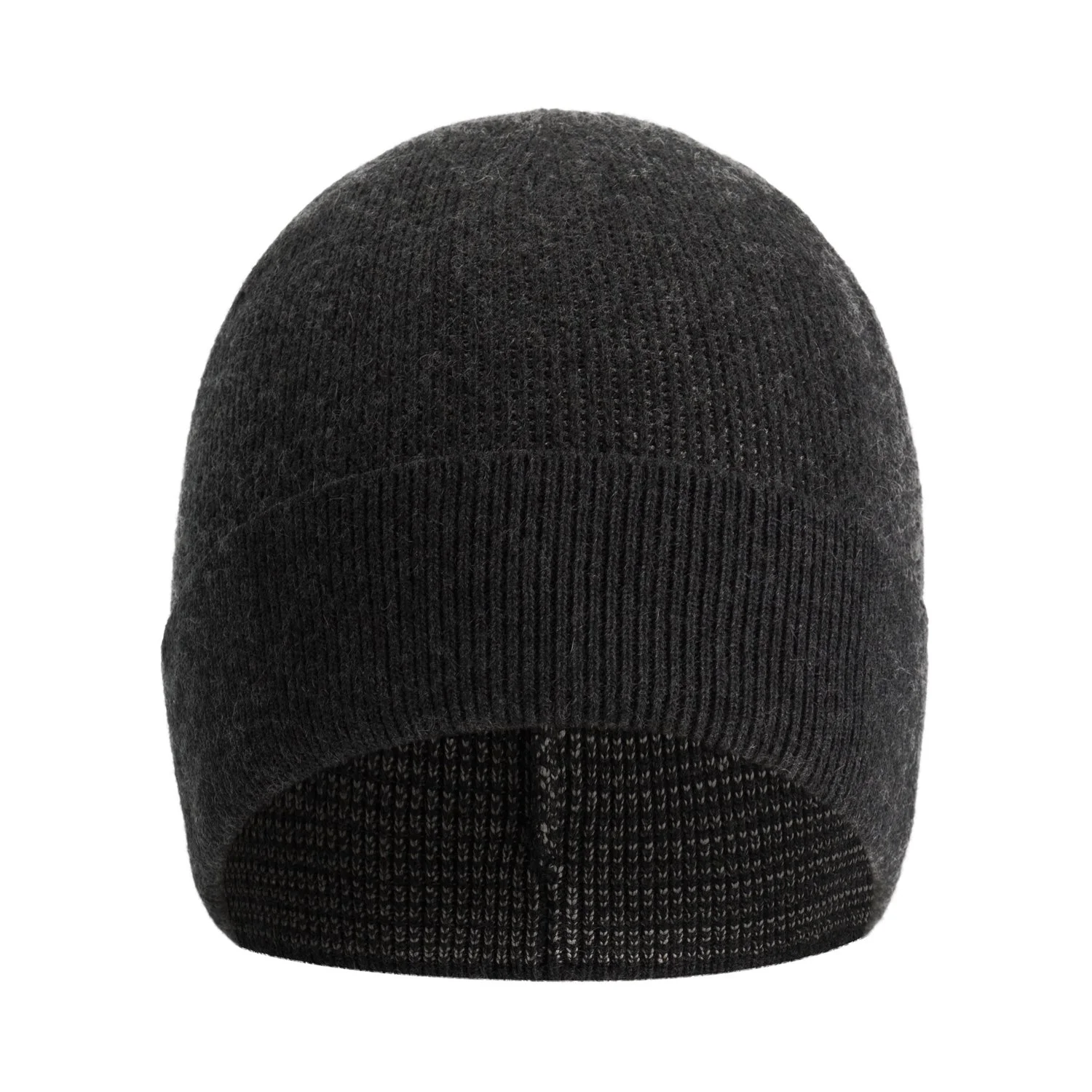 Black knit beanie hat on a white background.