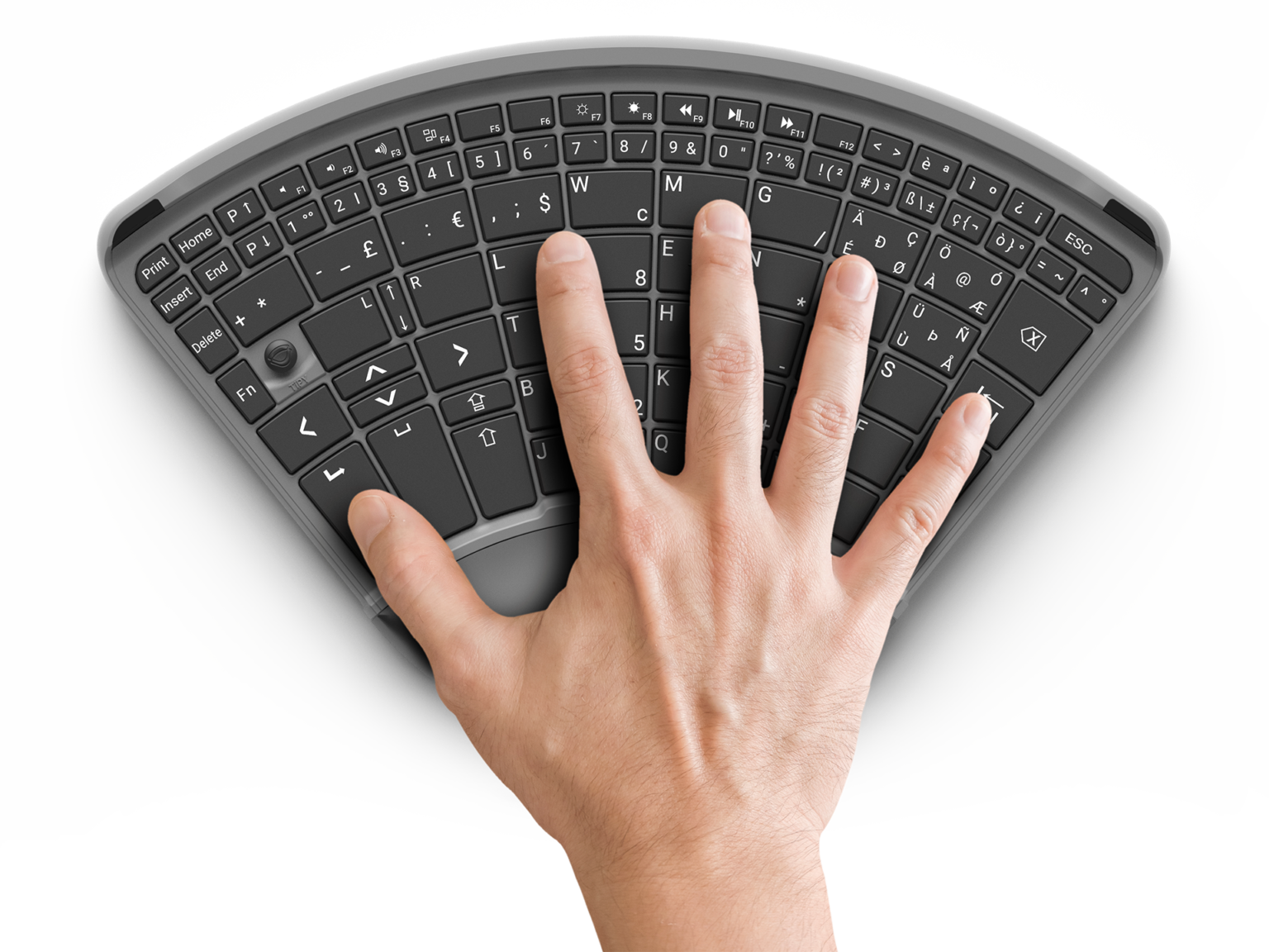 A hand resting on a black ergonomic computer keyboard with a curved design, placed on a white surface.