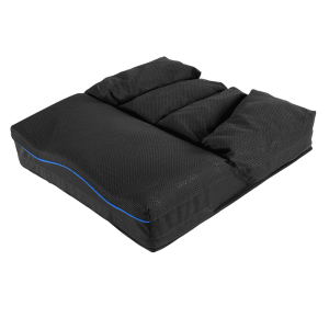A black memory foam seat cushion with ergonomic design and contouring for comfort.