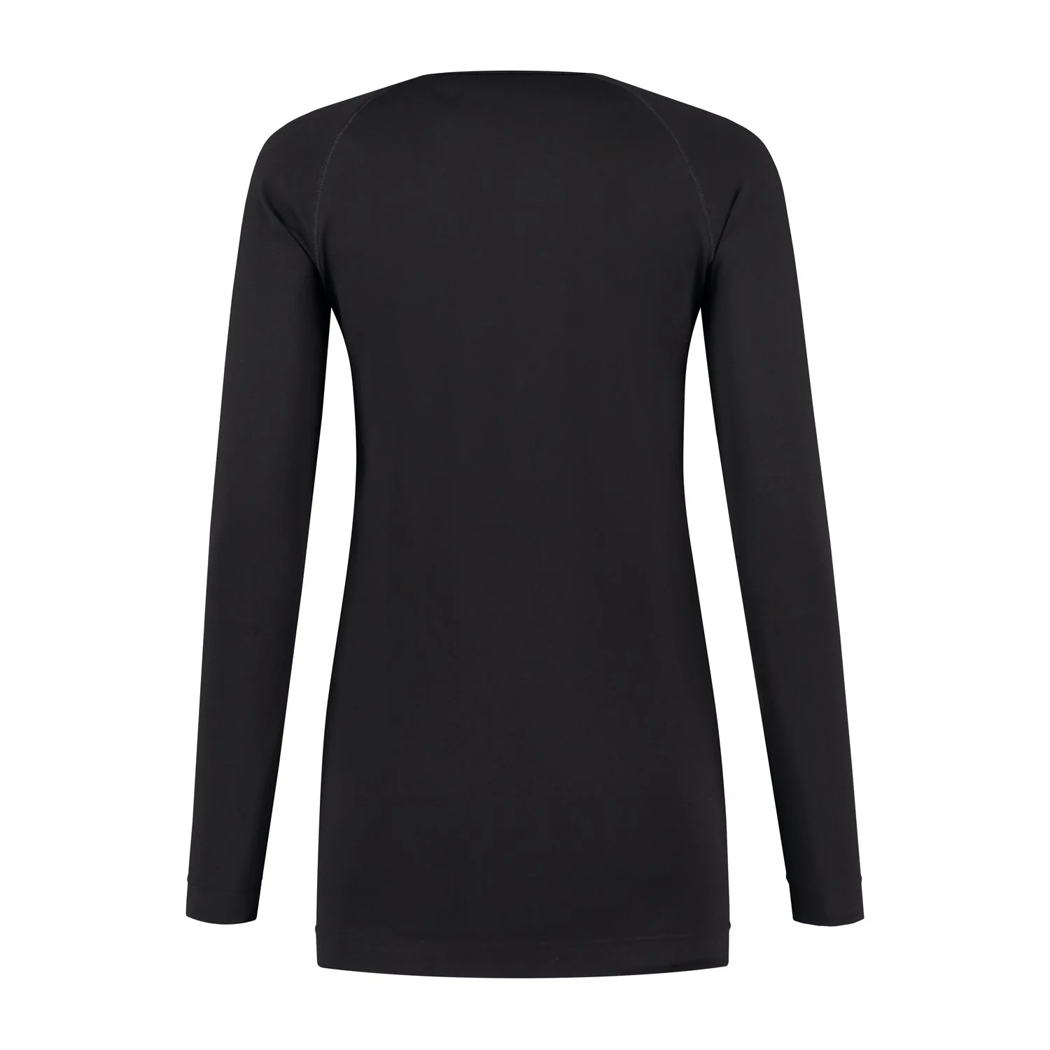 A plain black long-sleeve athletic shirt viewed from the back.