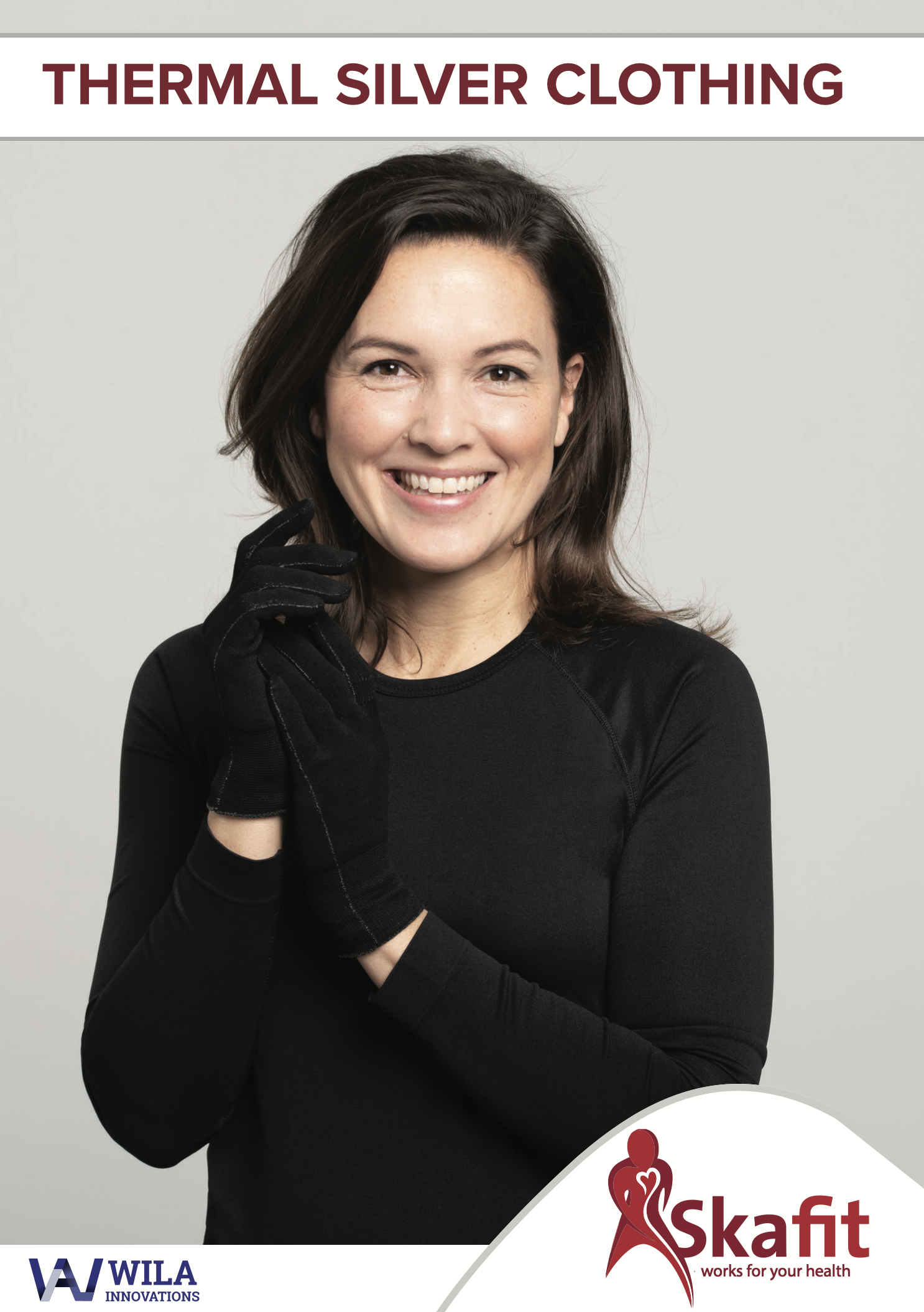 A woman wearing black thermal silver clothing and black gloves, smiling with dark brown hair, against a plain light gray background, promoting SKaft thermal clothing for health.