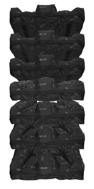 Stacked travel packing cubes made of black mesh with zippers, labeled VCAIR.