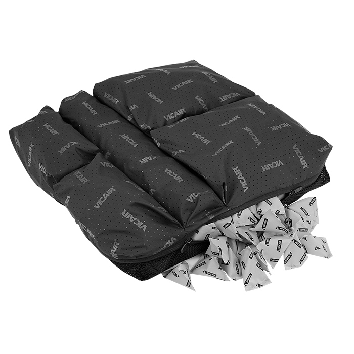 Inflatable black and white mattress with a built-in pillow, branded with VICAR logo, partially deflated and showing white deflation valves.