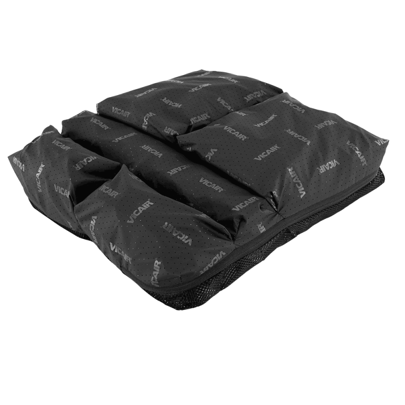 Black packable backpack with the brand name 'VICAR' printed repeatedly across the surface.