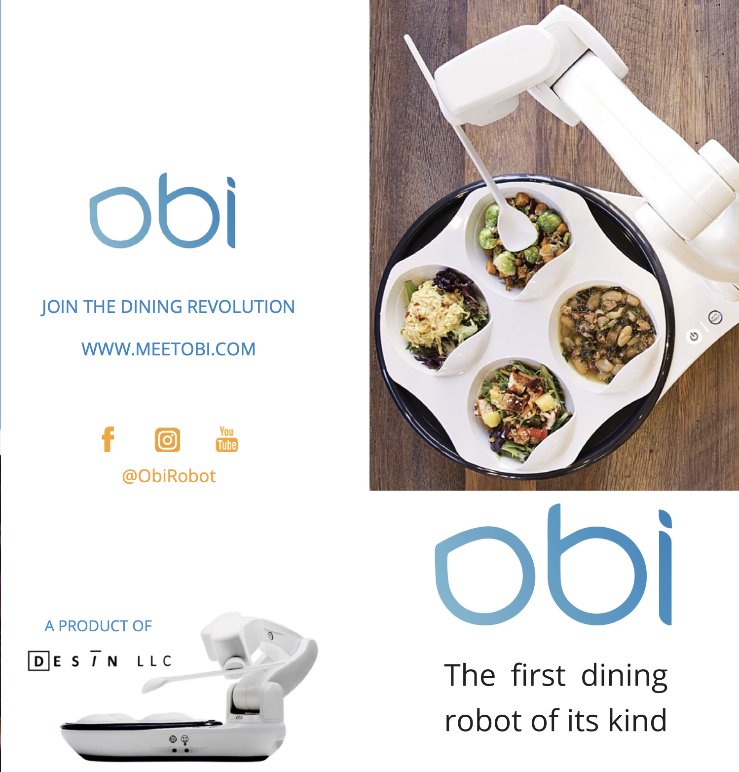Brochure or advertisement for Obi, a dining robot. Includes images of the robot and food served in bowls, with the Obi logo, website, and social media handles. Text highlights the robot as the first in its kind.