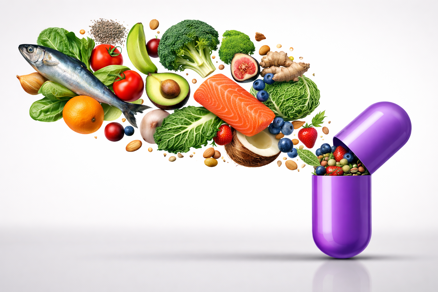 A purple capsule pill with its top off, spilling out an assortment of fresh fruits, vegetables, nuts, seeds, and herbs.