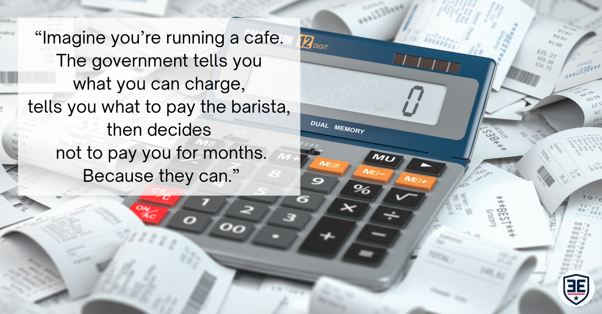 "Imagine you’re running a cafe. The government tells you what you can charge, tells you what to pay the barista, then decides not to pay you for months. Because they can." - Emeka Edwin-Nweze
