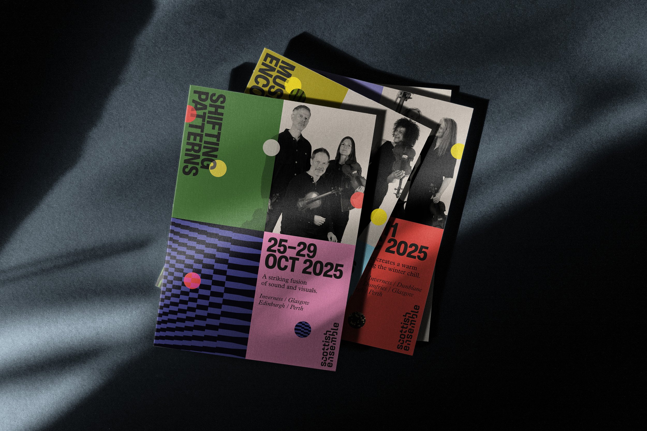 Colorful event flyers for Scottish Ensemble, featuring one with a group photo of four people, and details of the event from October 25-29, 2025, in Inverness, Glasgow, Edinburgh, and Perth.