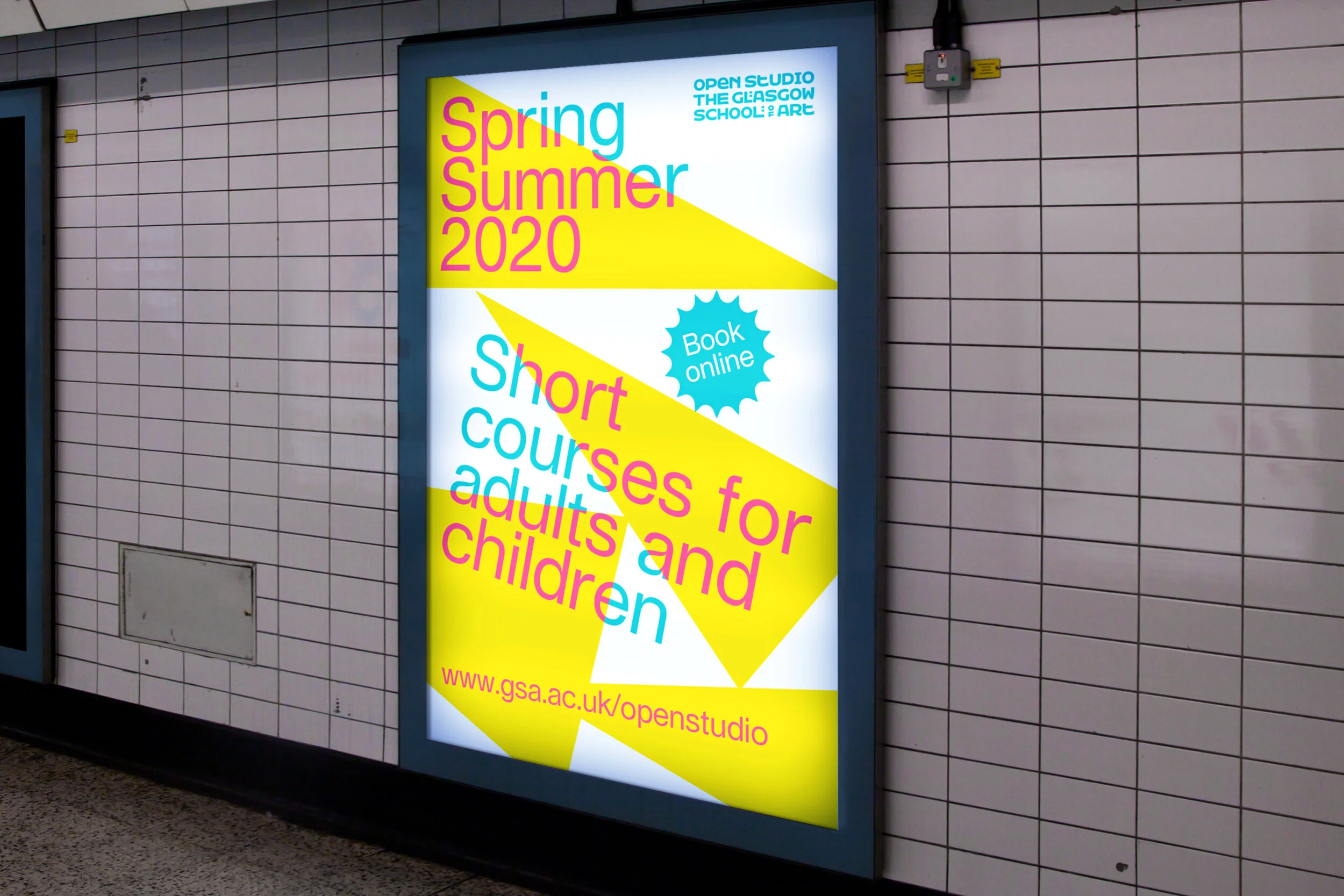 Digital poster advertising short courses for adults and children, hosted by the Glasgow School of Art's Open Studio during spring and summer 2020, with options to book online, with a web address at the bottom.