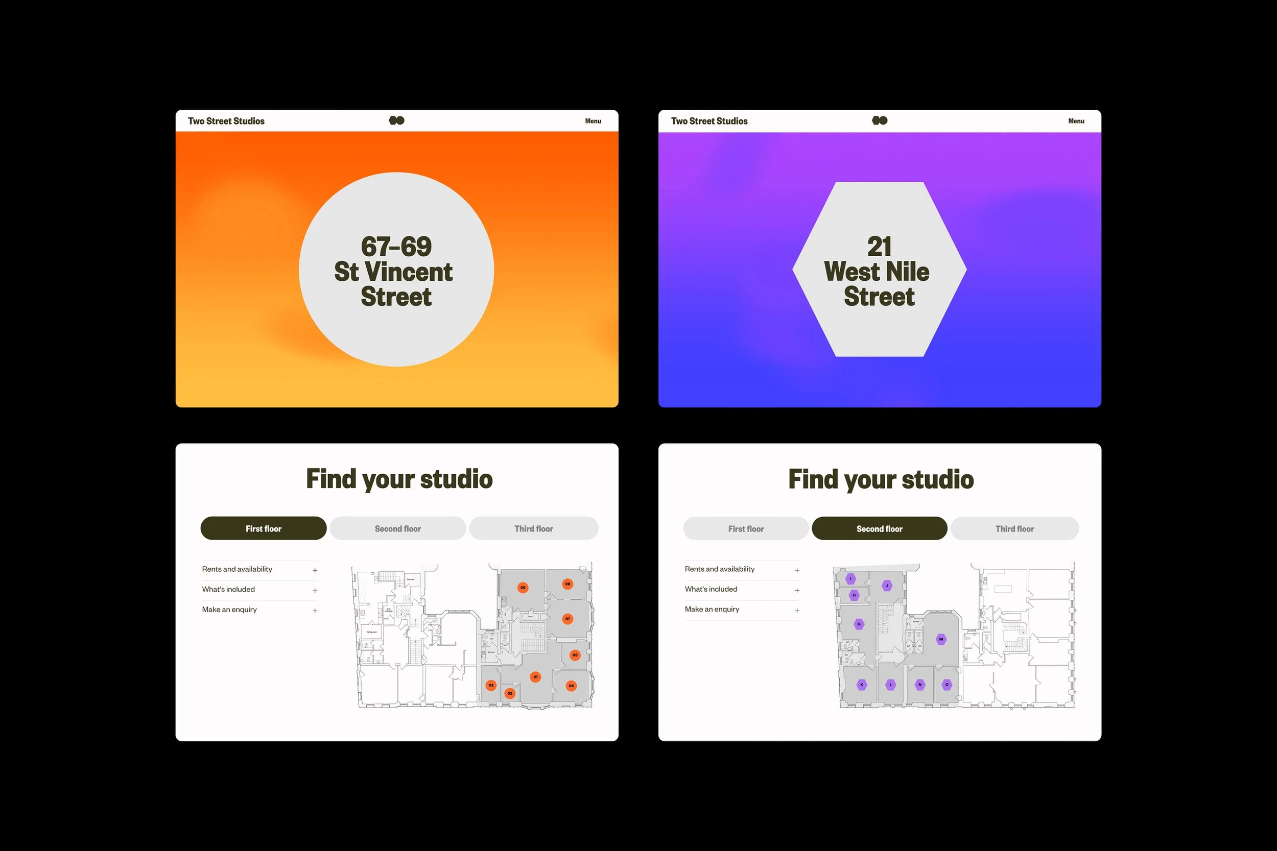 Four graphic displays showing street addresses and floor plans of a studio building, with colorful backgrounds and text for finding studios.