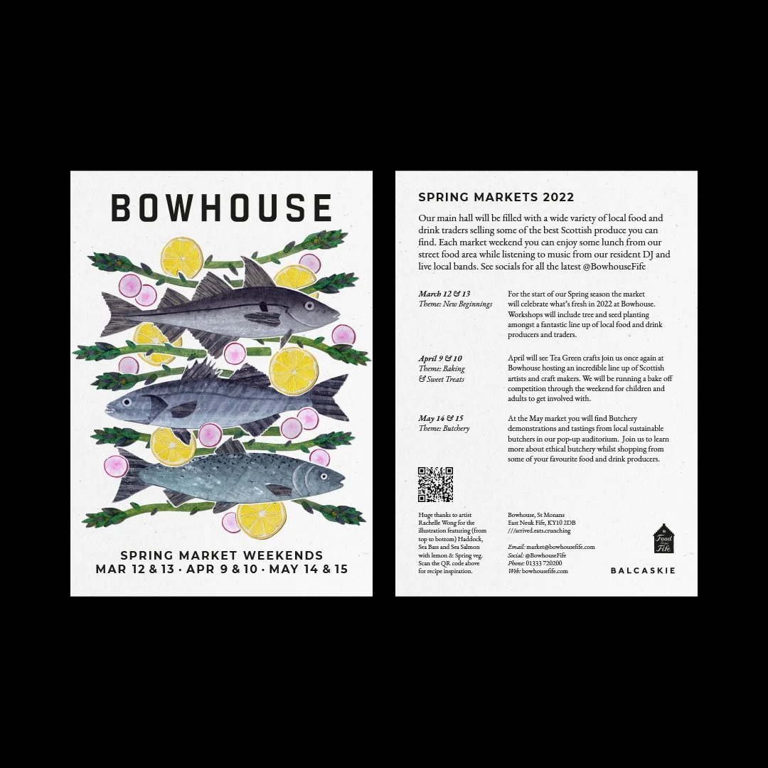 Flyer for Bowhouse Spring Market Weekends featuring illustrated fish, lemon, radish, and green garnish. Dates listed are March 12 & 13, April 9 & 10, May 14 & 15.