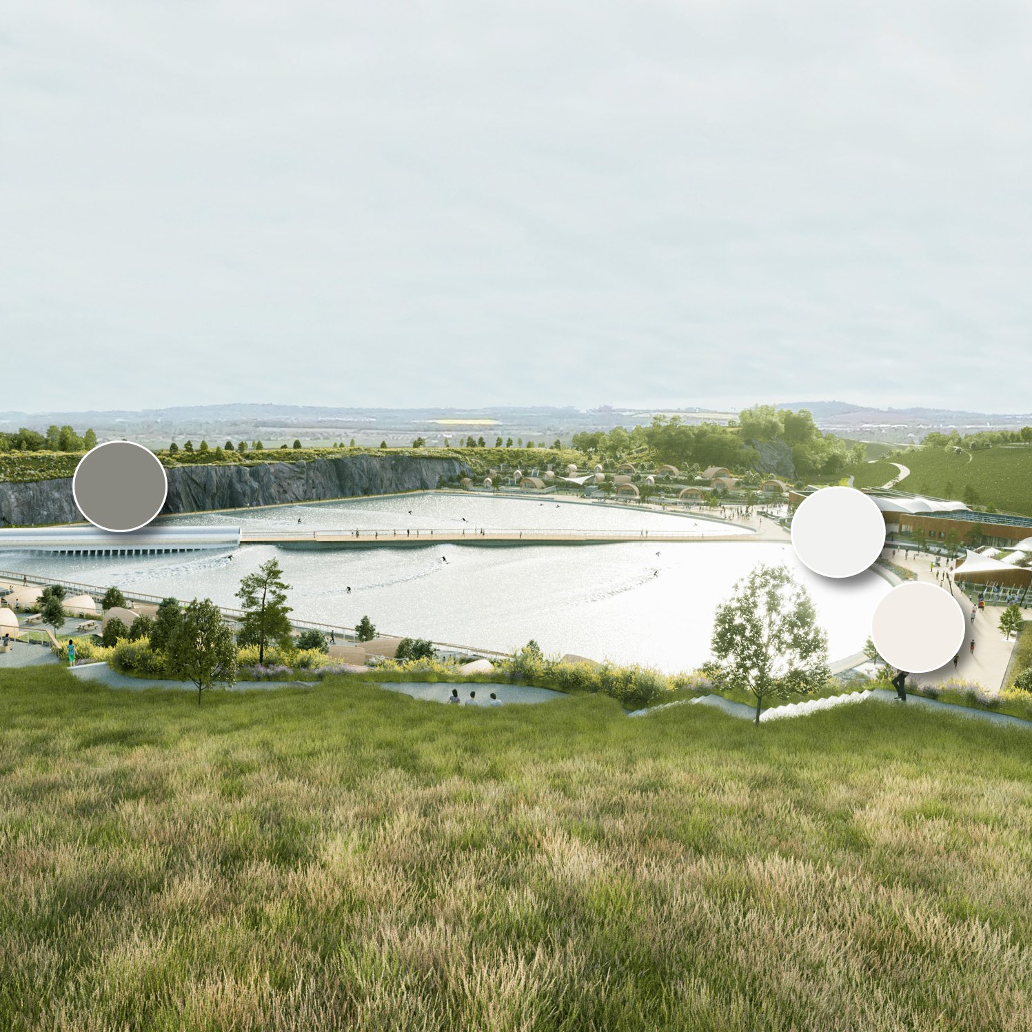 Illustration of a large outdoor water park with slides, recreational area, and surrounding greenery and pathways.