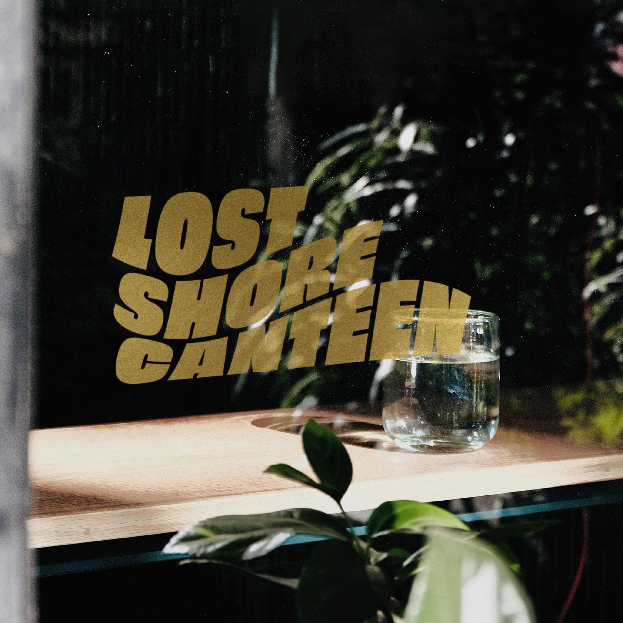 A glass of water on a wooden shelf with a reflection of a plant and the words 'Lost Shore Garden' on the glass.