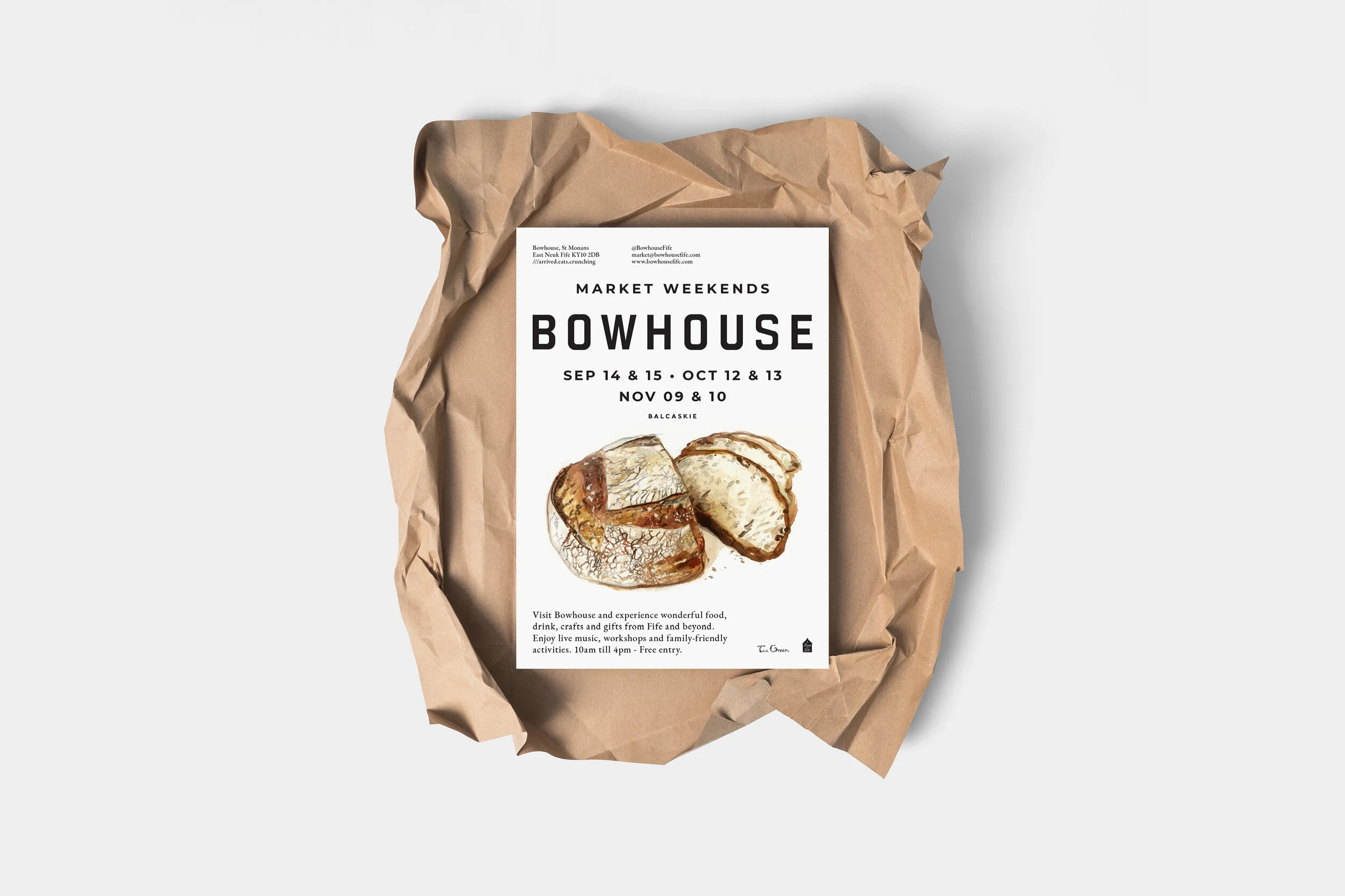 A flyer for Bowhouse Market Weekends on a crumpled brown paper background, featuring an illustration of bread and details about event dates and location.