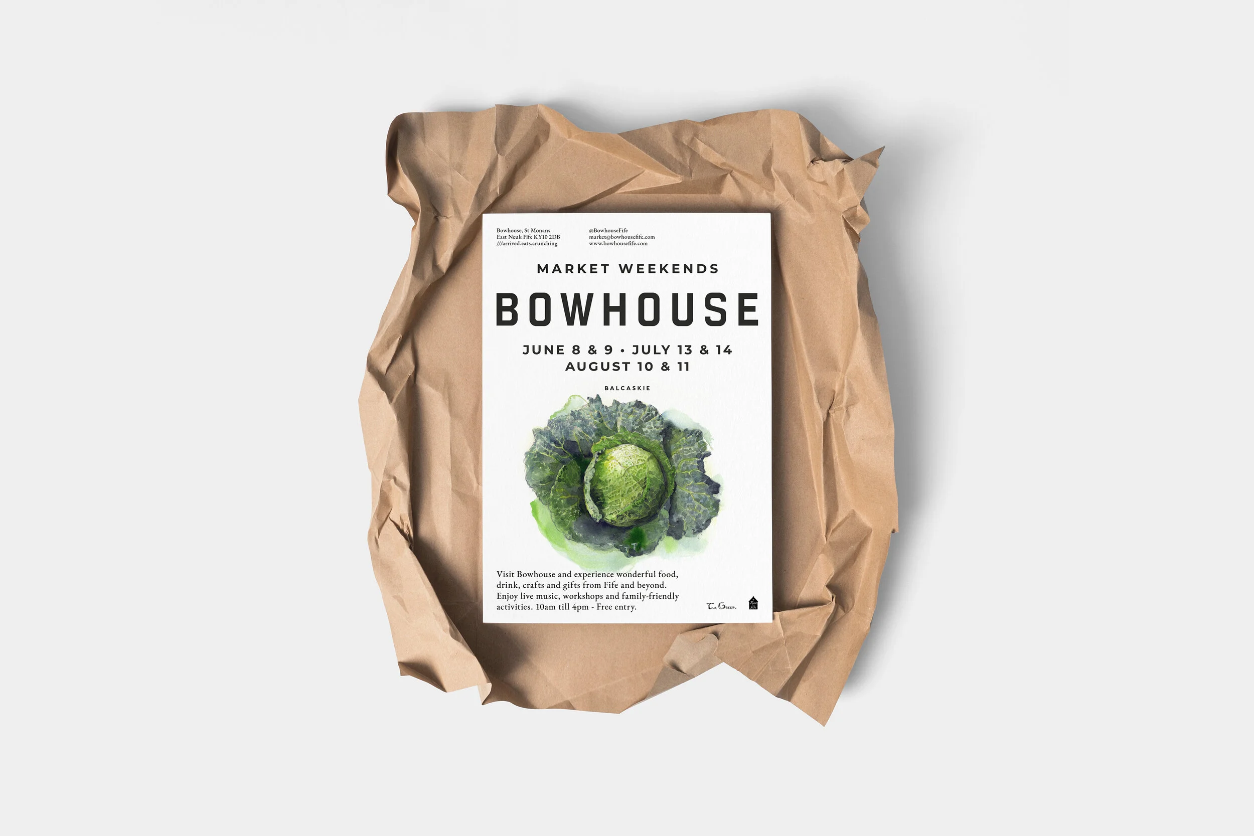 A flyer for the Bowhouse Market Weekends, featuring a watercolor illustration of a green cabbage. The flyer announces event dates and provides details about activities and location.