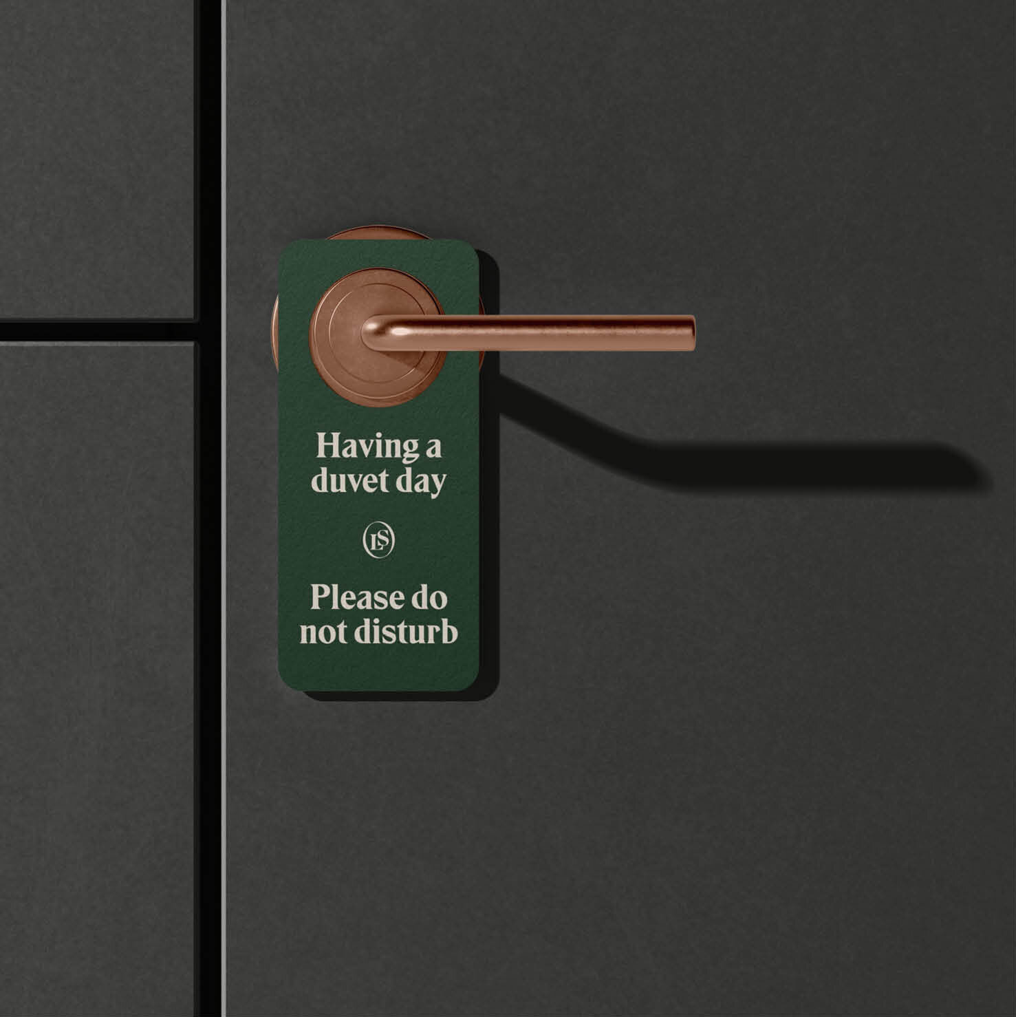 A door with a copper handle and a green sign that reads, "Having a duvet day. Please do not disturb."
